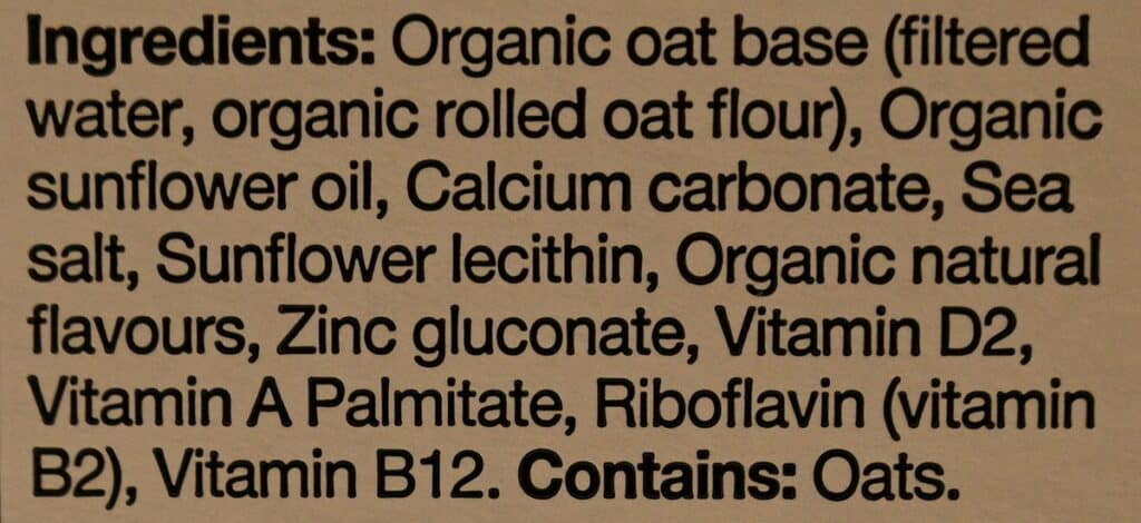 Costco Kirkland Signature Organic Oat Beverage ingredients label. 