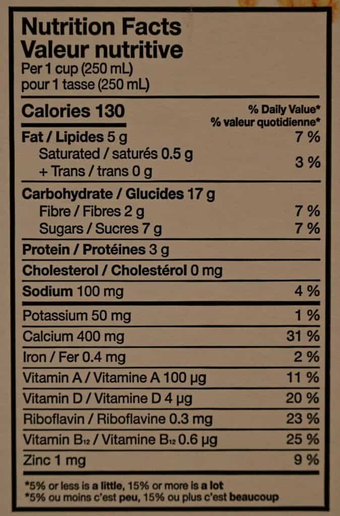 Costco Kirkland Signature Organic Oat Beverage nutrition facts label. 