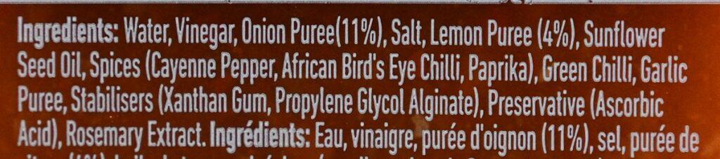 Costco Nando's Peri-Peri Sauce ingredients label.