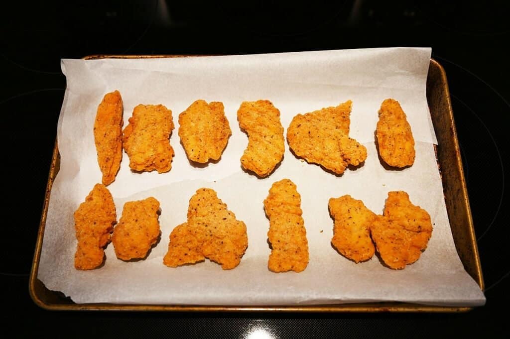 Costco Pinty's Buffalo Chicken Flings on a baking tray after cooking them in the oven. 