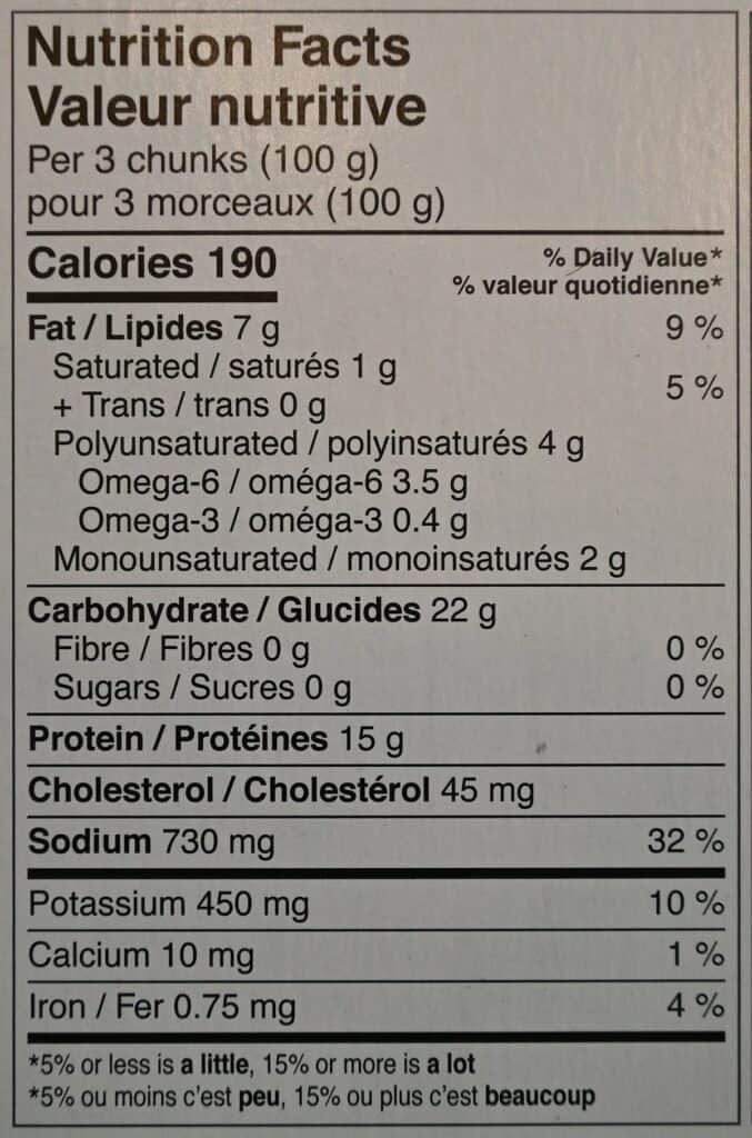 Costco Pinty's Buffalo Chicken Flings nutrition facts label. 