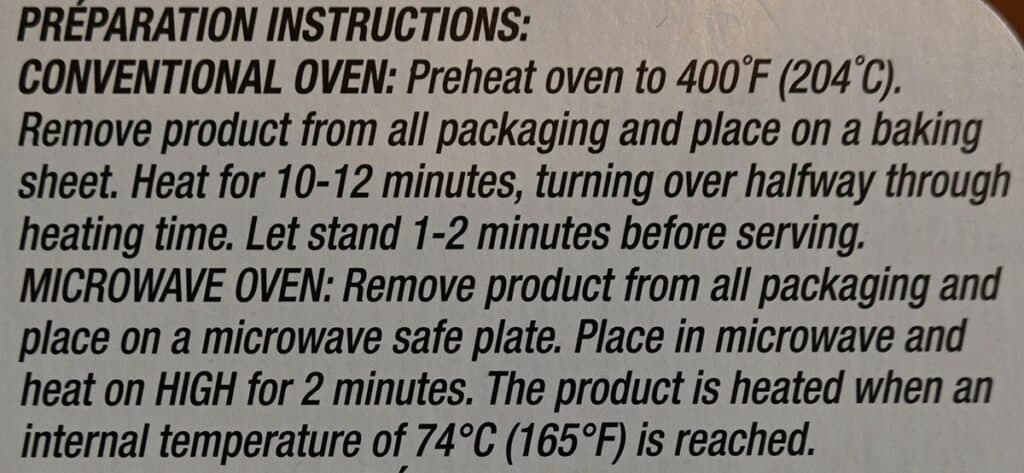 Costco Pinty's Buffalo Chicken Flings cooking instructions label.