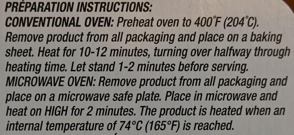 Costco Pinty's Buffalo Chicken Flings cooking instructions label.