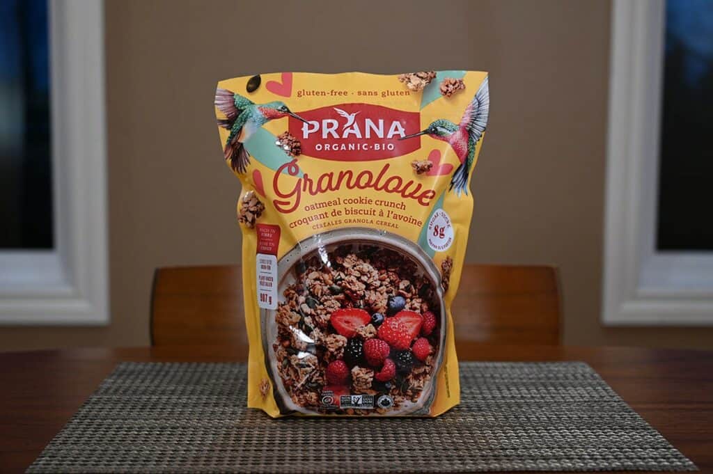 Costco Prana Granolove Oatmeal Cookie Crunch Granola bag sitting on s table 