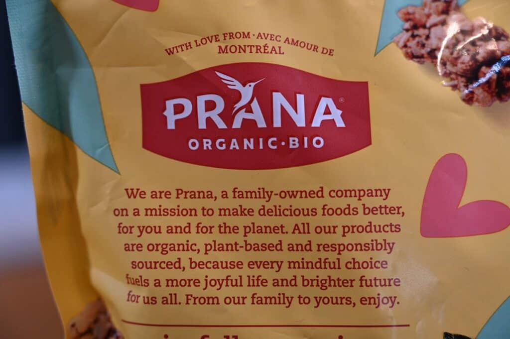 Costco Prana Granolove Oatmeal Cookie Crunch Granola company and product description from bag. 