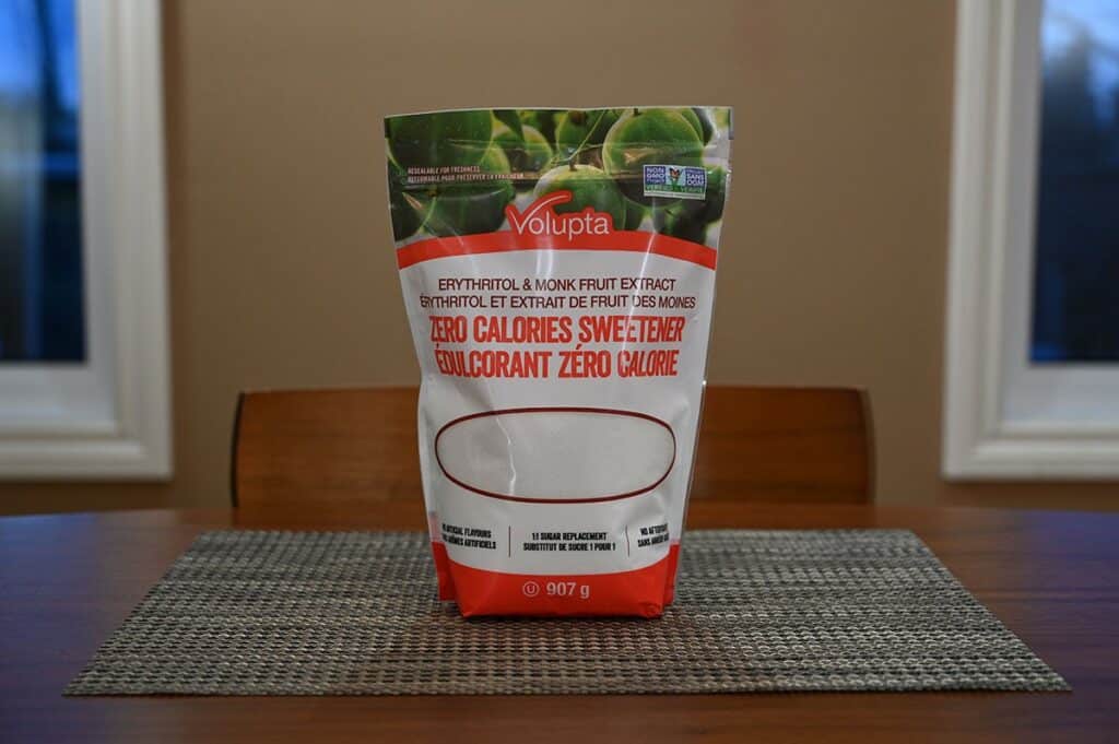 Costco Volupta Erythritol & Monk Fruit Sweetener bag sitting on a table