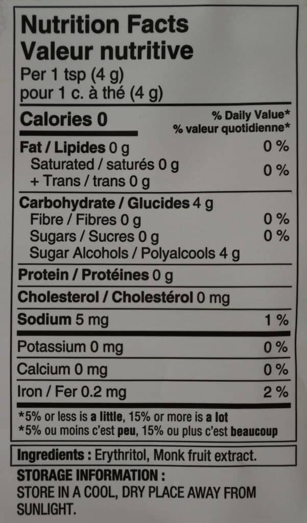 Costco Volupta Erythritol & Monk Fruit Sweetener nutrition facts.