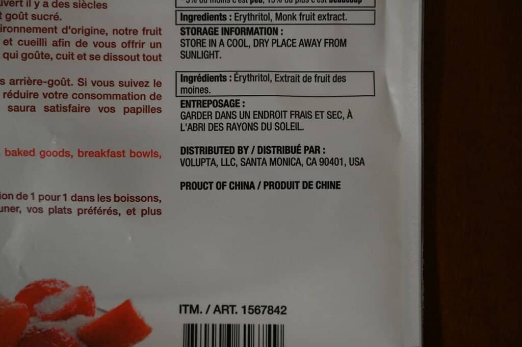 Costco Volupta Erythritol & Monk Fruit Sweetener ingredients. States product of China. 