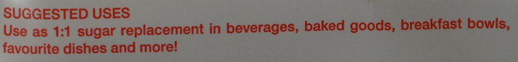 Costco Volupta Erythritol & Monk Fruit Sweetener suggested uses from bag. 