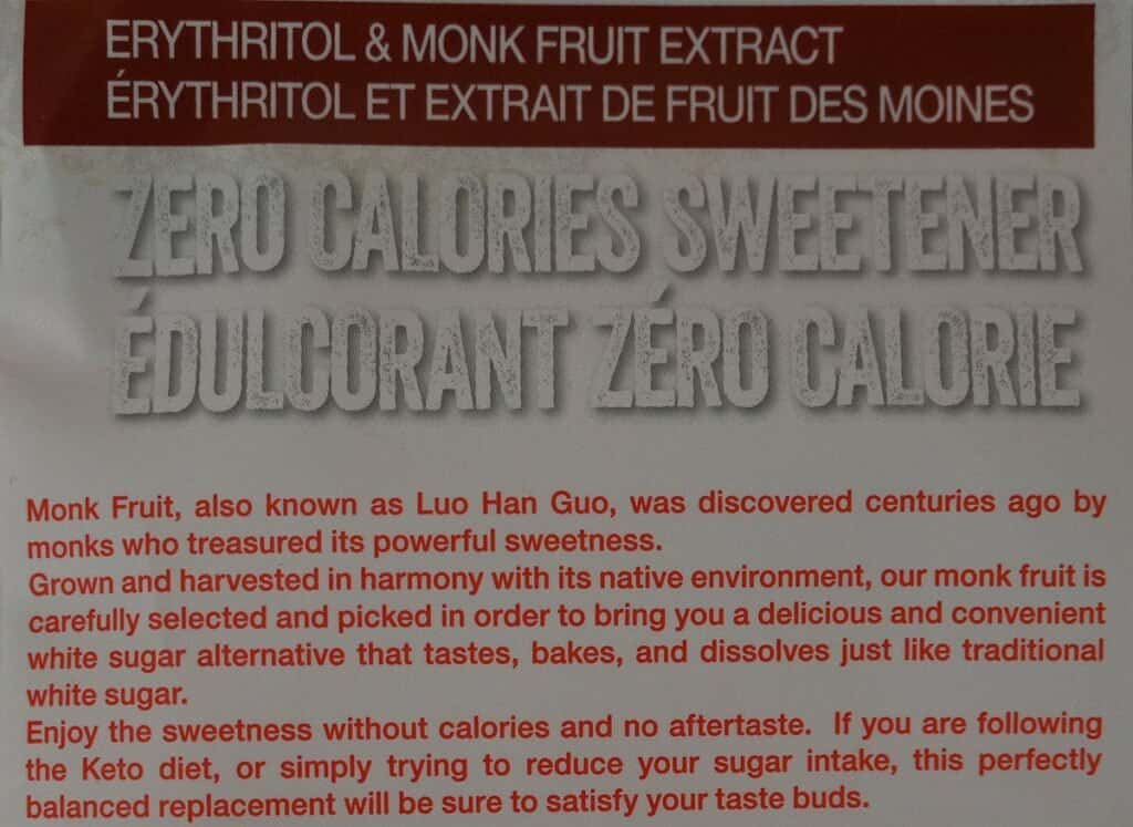 Costco Volupta Erythritol & Monk Fruit Sweetener product description from bag. 