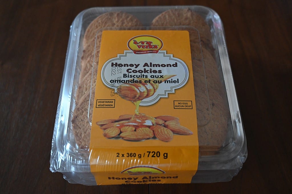 Costco Verka Honey Almond Cookies package sitting on a table, top down image. 