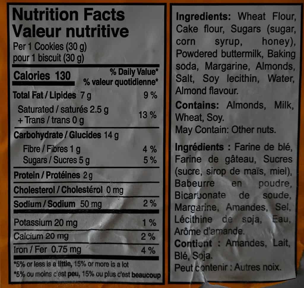 Costco Verka Honey Almond Cookies nutrition facts and ingredients label. 