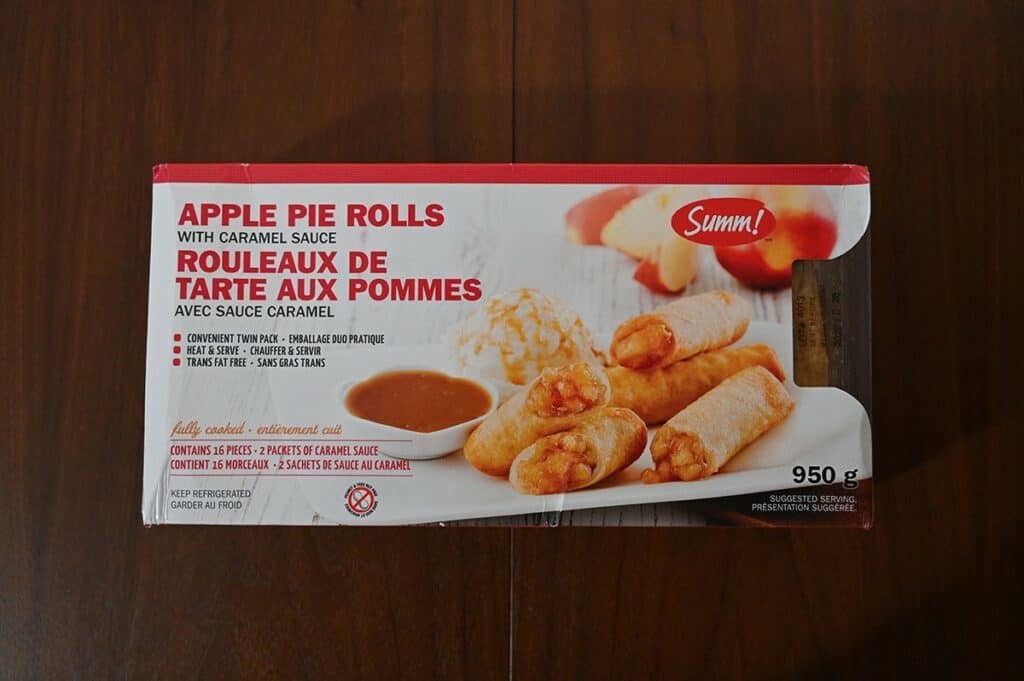 Costco Summ! Apple Pie Rolls package sitting on table. Top down view. 