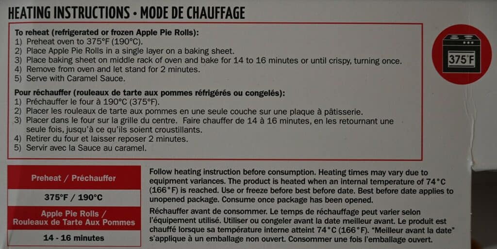 Costco Summ! Apple Pie Rolls heating instructions. 