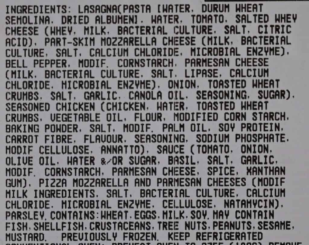 Costco Kirkland Signature Chicken Parmigiana on Cheese Lasagna ingredients label. 