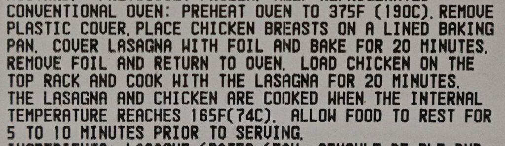 Costco Kirkland Signature Chicken Parmigiana on Cheese Lasagna cooking instructions. 