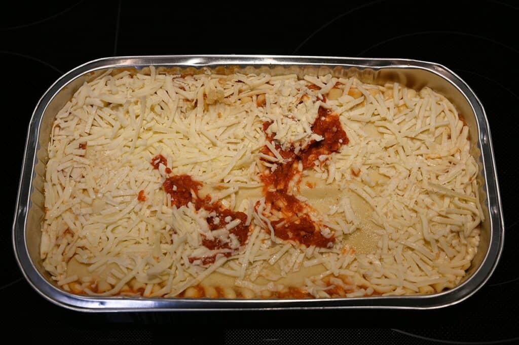Costco Kirkland Signature Chicken Parmigiana on Cheese Lasagna lasagna prior to cooking it in the oven. 