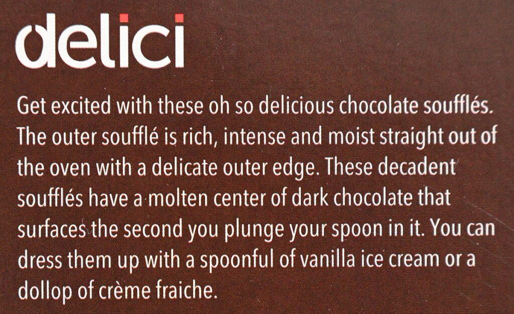 Costco Delici Belgian Chocolate Soufflé product description from packaging. 