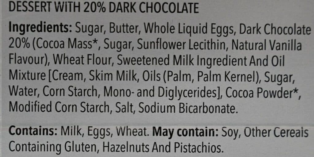 Costco Delici Belgian Chocolate Soufflé ingredients label. 
