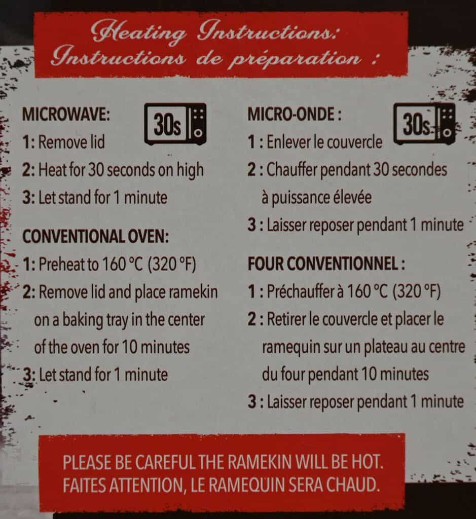 Costco Delici Belgian Chocolate Soufflé heating instructions from packaging 