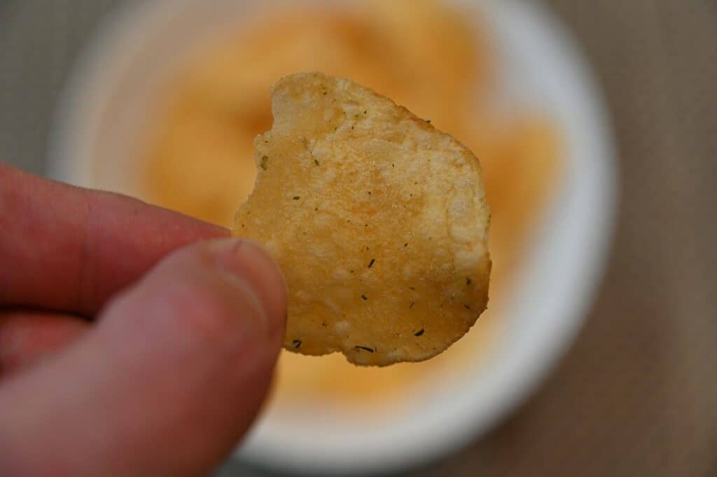 One Costco Miss Vickie's Spicy Dill Pickle Chip, closeup image. 