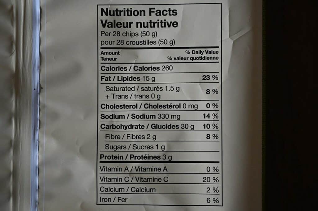 Costco Miss Vickie's Spicy Dill Pickle Chips nutrition facts label. 