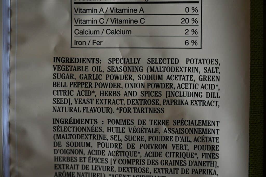 Costco Miss Vickie's Spicy Dill Pickle Chips ingredients label. 