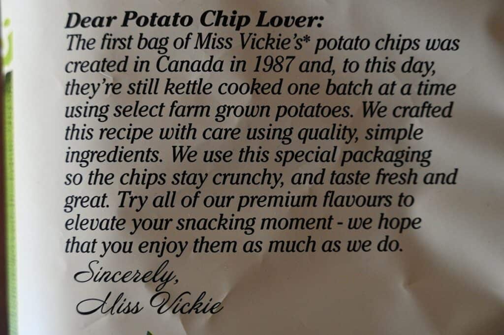 Costco Miss Vickie's Spicy Dill Pickle Chips company values description from back of bag. 