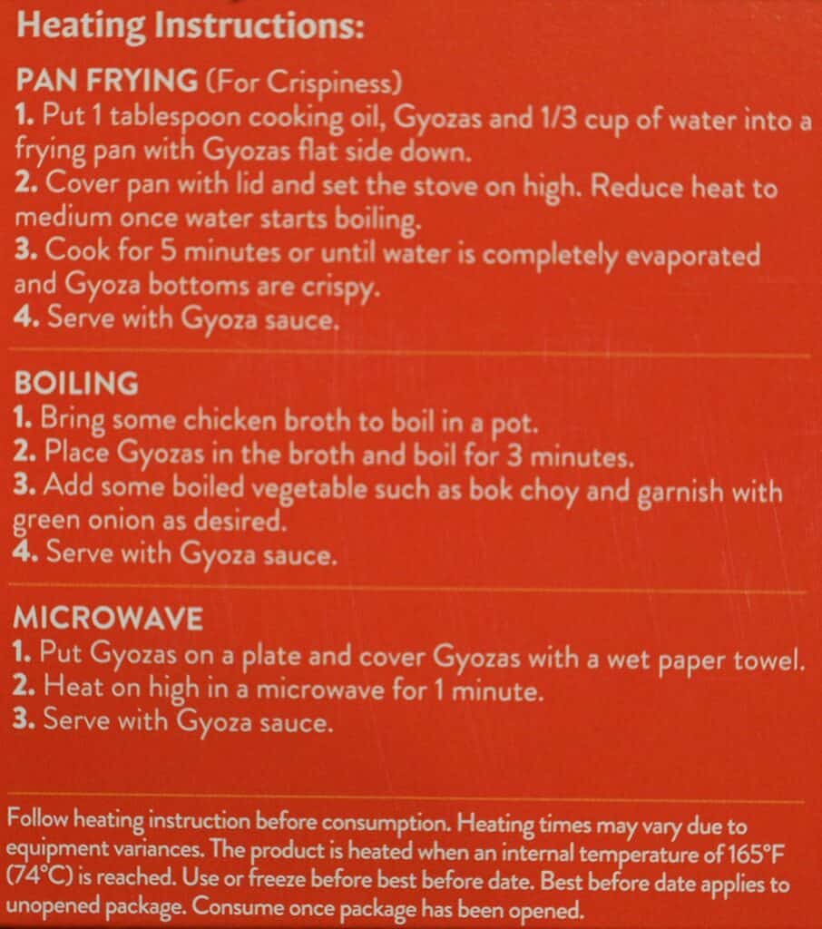 Costco Summ! Sesame Ginger Chicken Gyoza Dumplings heating instructions. 