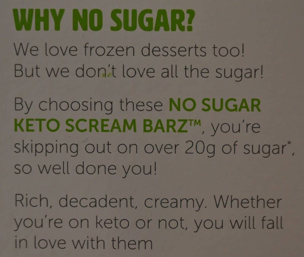 Costco No Sugar Company Keto Scream Barz  company info on box. 