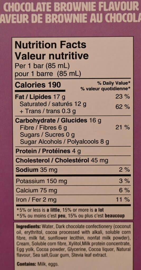 Costco No Sugar Company Keto Scream Barz chocolate brownie nutrition facts. 