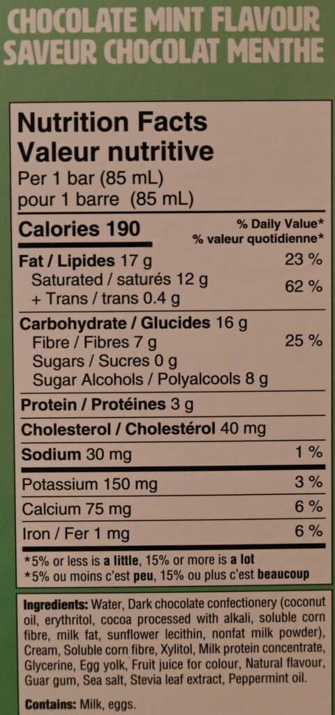 Costco No Sugar Company Keto Scream Barz chocolate mint nutrition facts. 