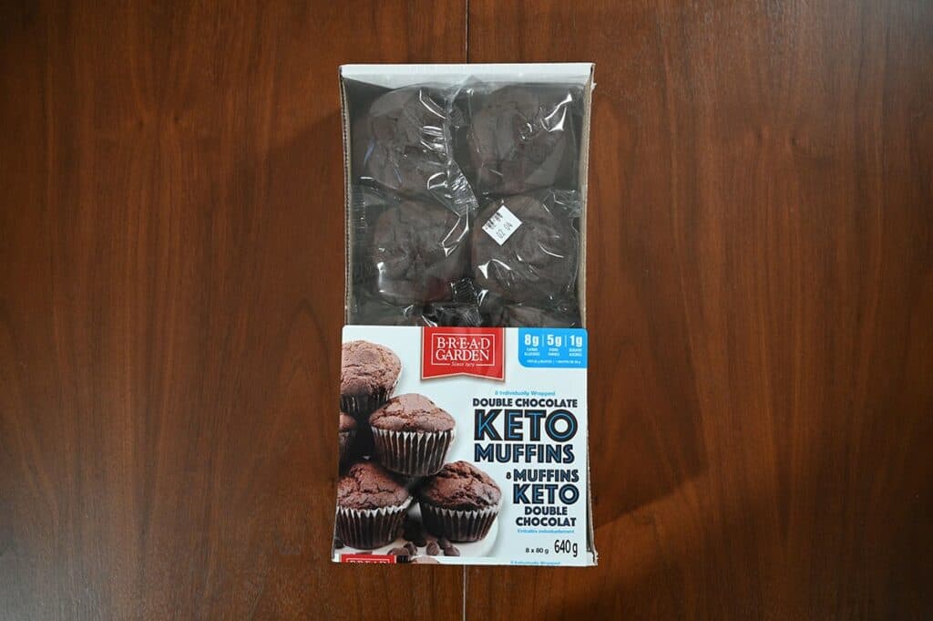 Costco Bread Garden Double Chocolate Keto Muffins package sitting on a table. Top down image. 