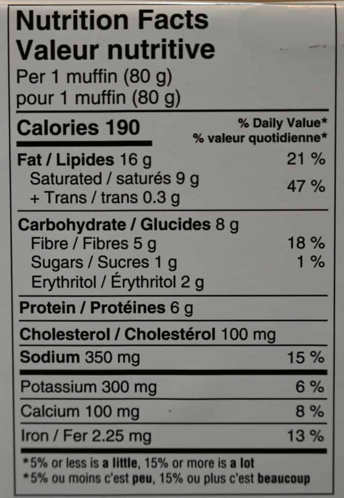 Costco Bread Garden Double Chocolate Keto Muffins nutrition facts label. 