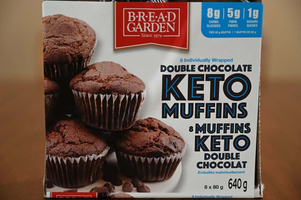 Costco Bread Garden Double Chocolate Keto Muffins image of packaging that says eight grams of carbs, five grams of fibre and one gram of sugar. 