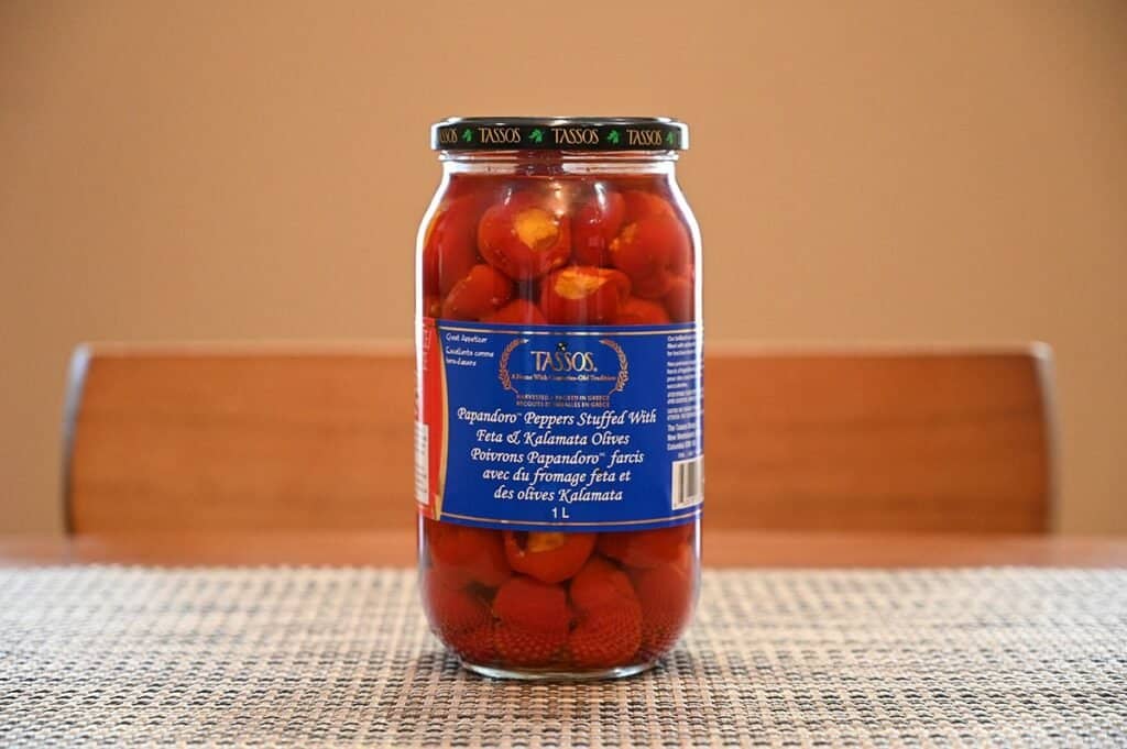 Costco Tasso's Papandoro Peppers Stuffed With Feta & Kalamata Olives Jar on a table. 