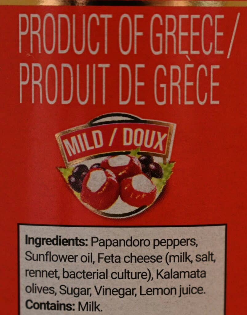 Costco Tasso's Papandoro Peppers Stuffed With Feta & Kalamata Olives ingredients label. 