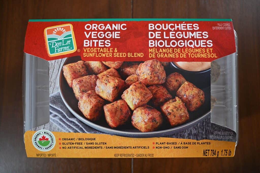 Costco Don Lee Farms Organic Veggie Bites package sitting on a table, top down image. 