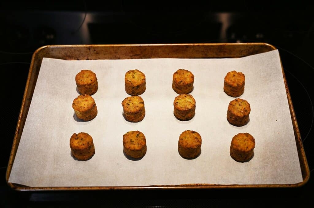 Costco Don Lee Farms Organic Veggie Bites on a cookie tray in the oven baking.