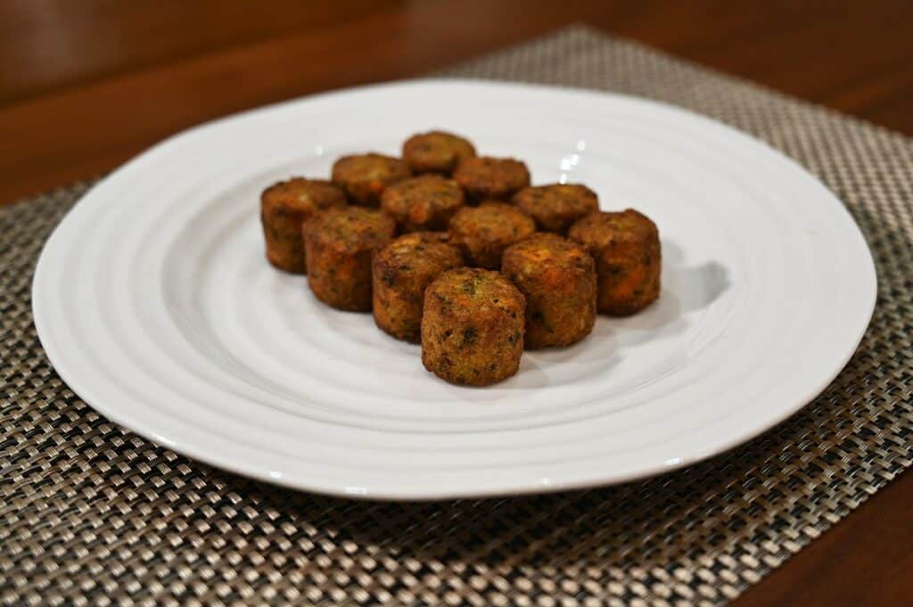 Costco Don Lee Farms Organic Veggie Bites cooked and served on a white plate, sitting on a table. 