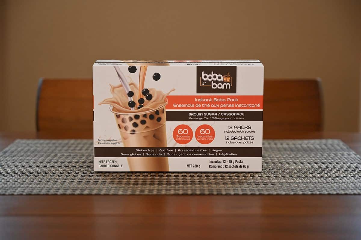 Costco Boba Bam Instant Boba Pack box sitting on a wood table. 