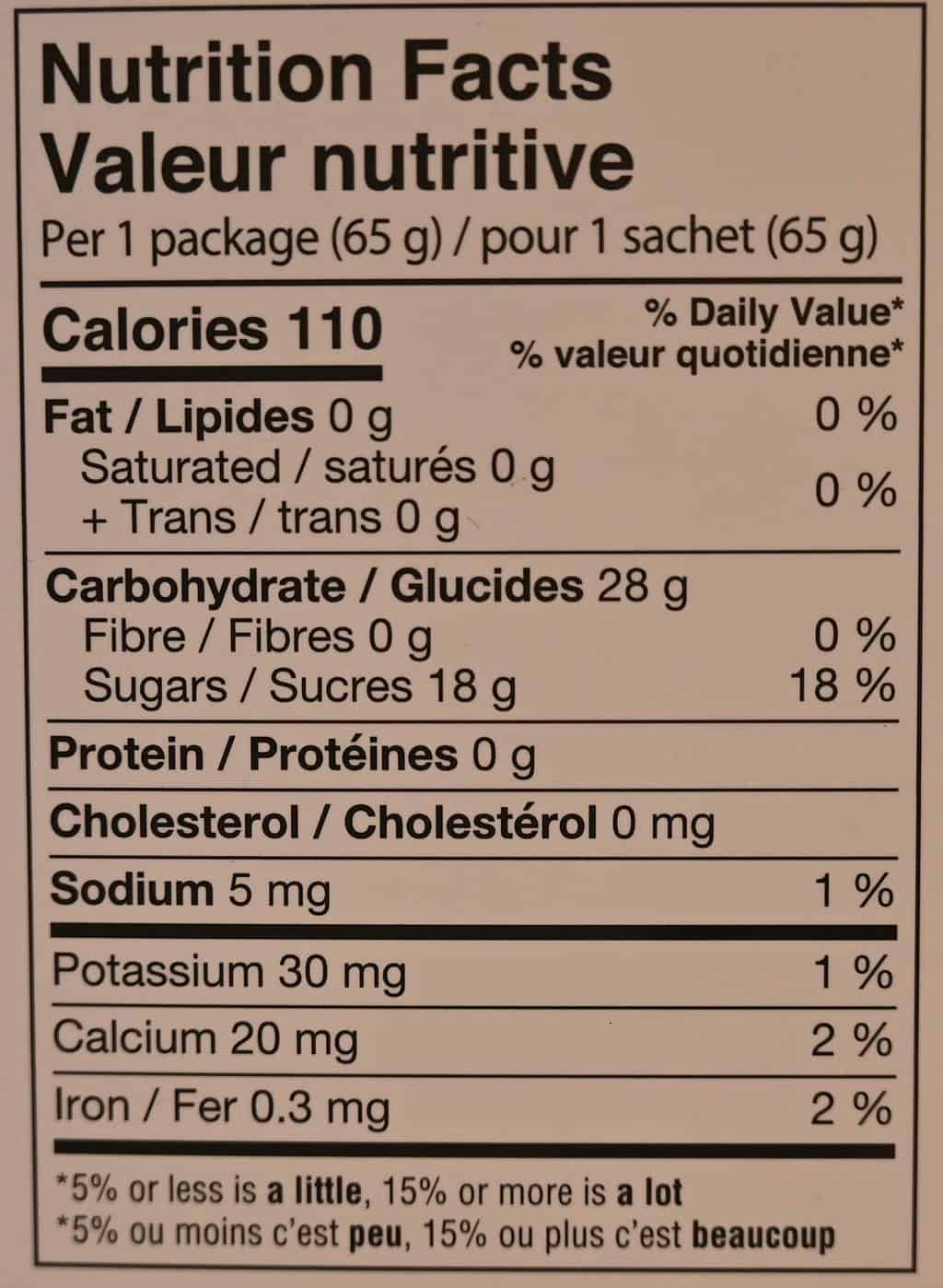 Image of the Costco Boba Bam Instant Boba Pack brown sugar nutrition facts from the back of the box.