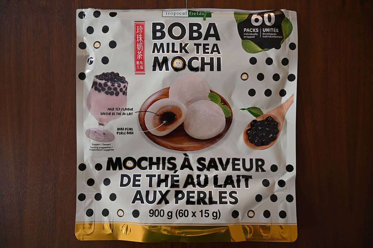 Top down image of the Costco Tropical Fields Boba Milk Tea Mochi bag on a table. 