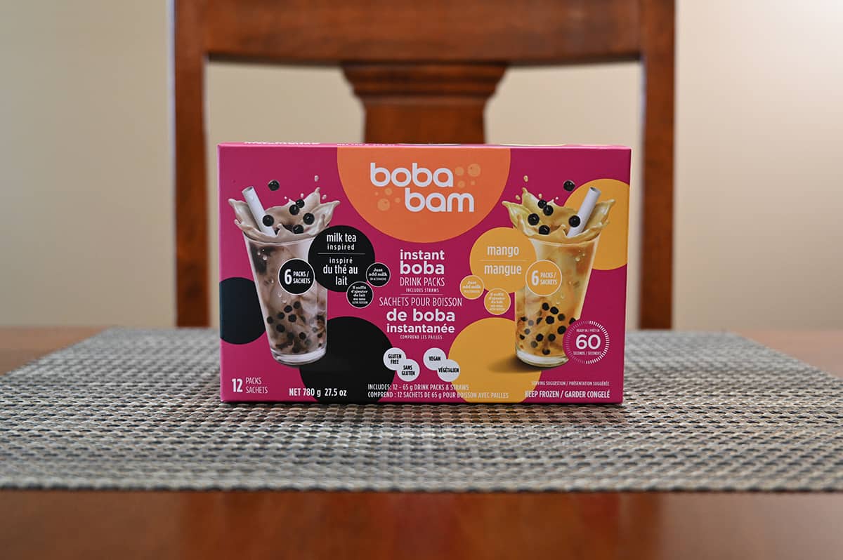 Image of the Costco Boba Bam Instant Boba Pack box in milk tea and mango flavors sitting on a table.