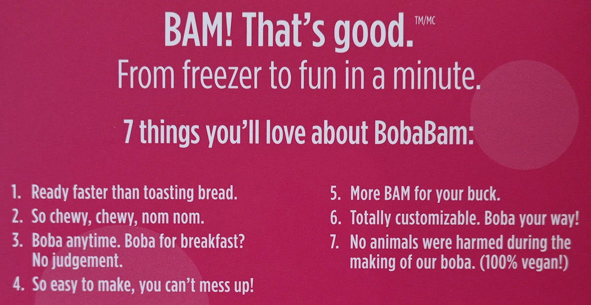 Product description for the Boba Bam from the back of the box.
