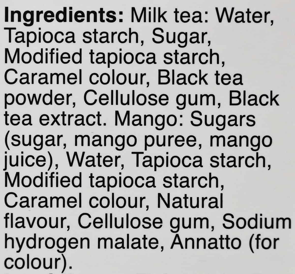 Image of the ingredients list for the milk tea and mango boba from the package.