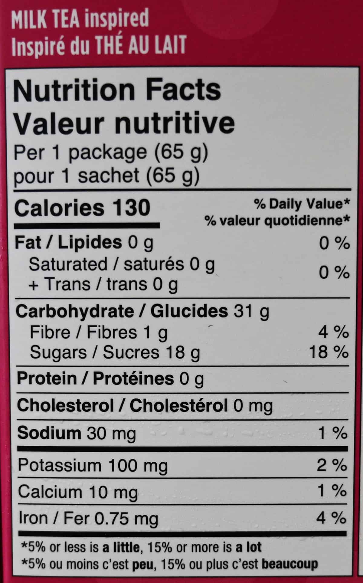 Image of the milk tea boba nutrition facts from the back of the box.