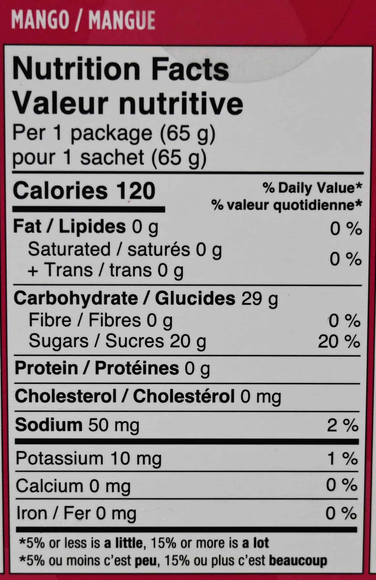 Image of the mango boba nutrition facts from the back of the box.