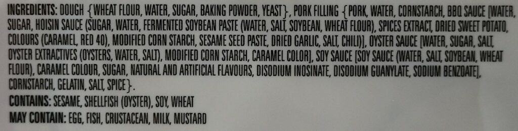 Costco Made Fresh Foods BBQ Pork Buns ingredients label. 