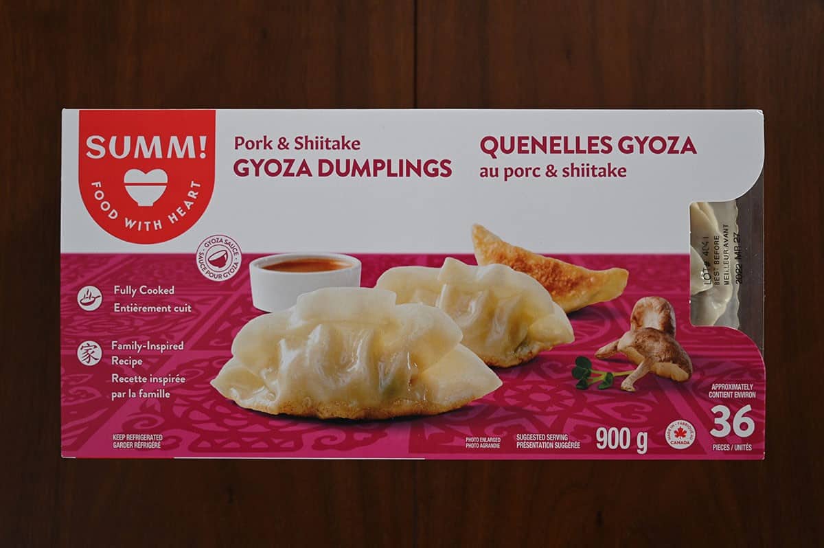 Costco Summ! Pork & Shiitake Gyoza Dumplings package sitting on a table. 